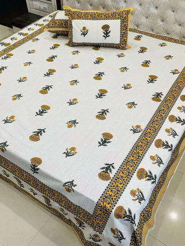 Premium Jaipuri Printed King Size Bedsheet with 2 Zipped Pillow Cover