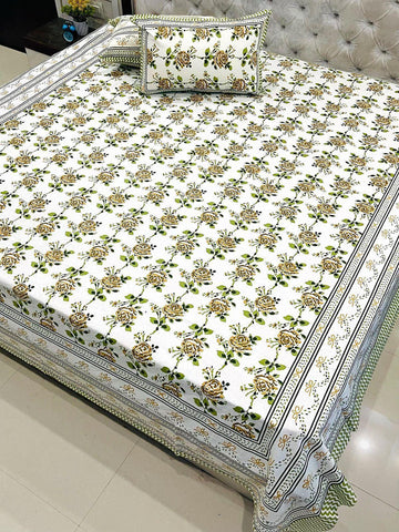 Premium Jaipuri Printed King Size Bedsheet with 2 Zipped Pillow Cover