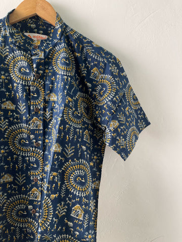 Tribal Print Vintage Cotton Shirt for Men - Blue