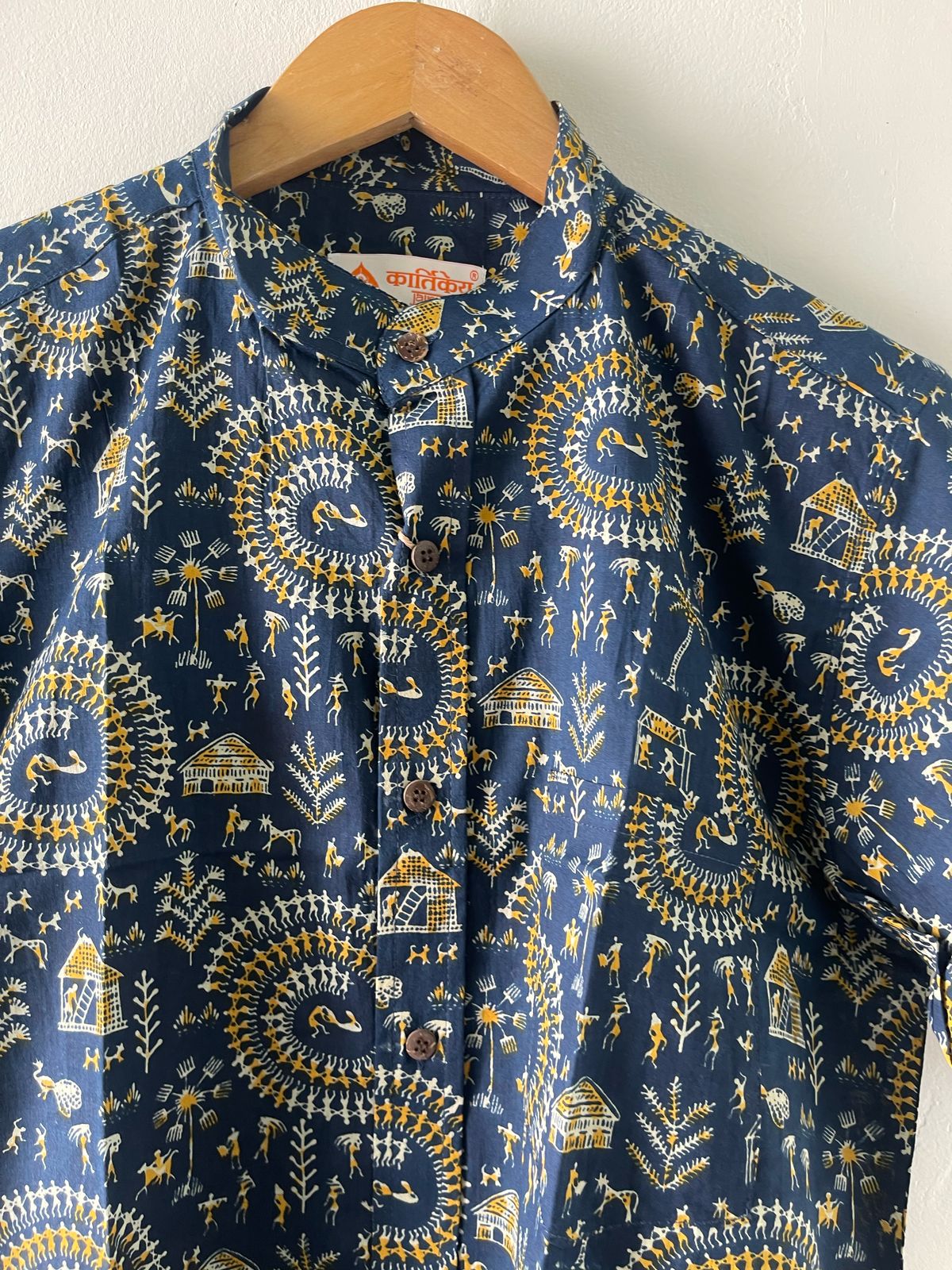 Tribal Print Vintage Cotton Shirt for Men - Blue