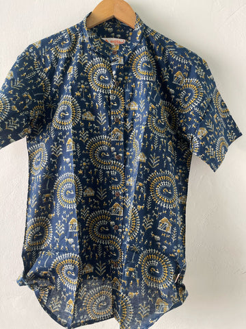 Tribal Print Vintage Cotton Shirt for Men - Blue