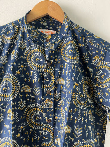 Tribal Print Vintage Cotton Shirt for Men - Blue