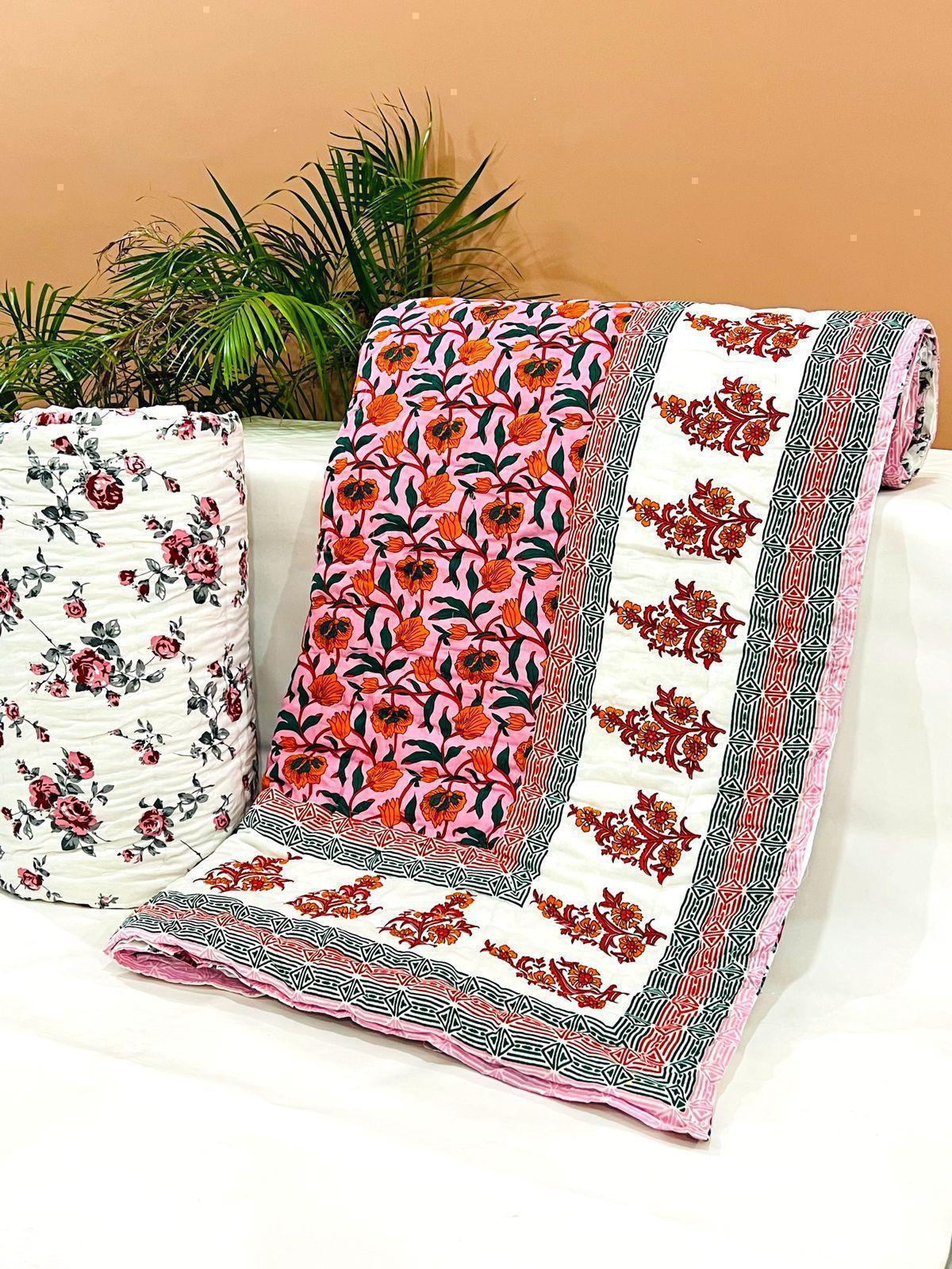 PREMIUM JAIPURI BLOCK DOUBLE BED HAND QUILT ( RAZAI ) 90X108