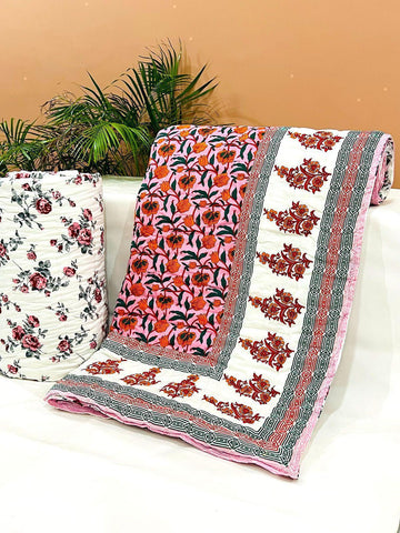 PREMIUM JAIPURI BLOCK DOUBLE BED HAND QUILT ( RAZAI ) 90X108