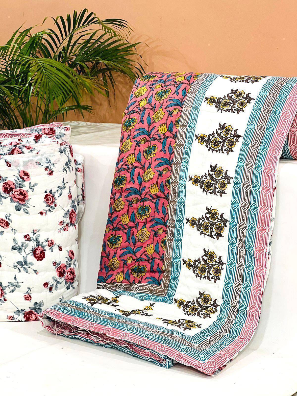 PREMIUM JAIPURI BLOCK DOUBLE BED HAND QUILT ( RAZAI ) 90X108