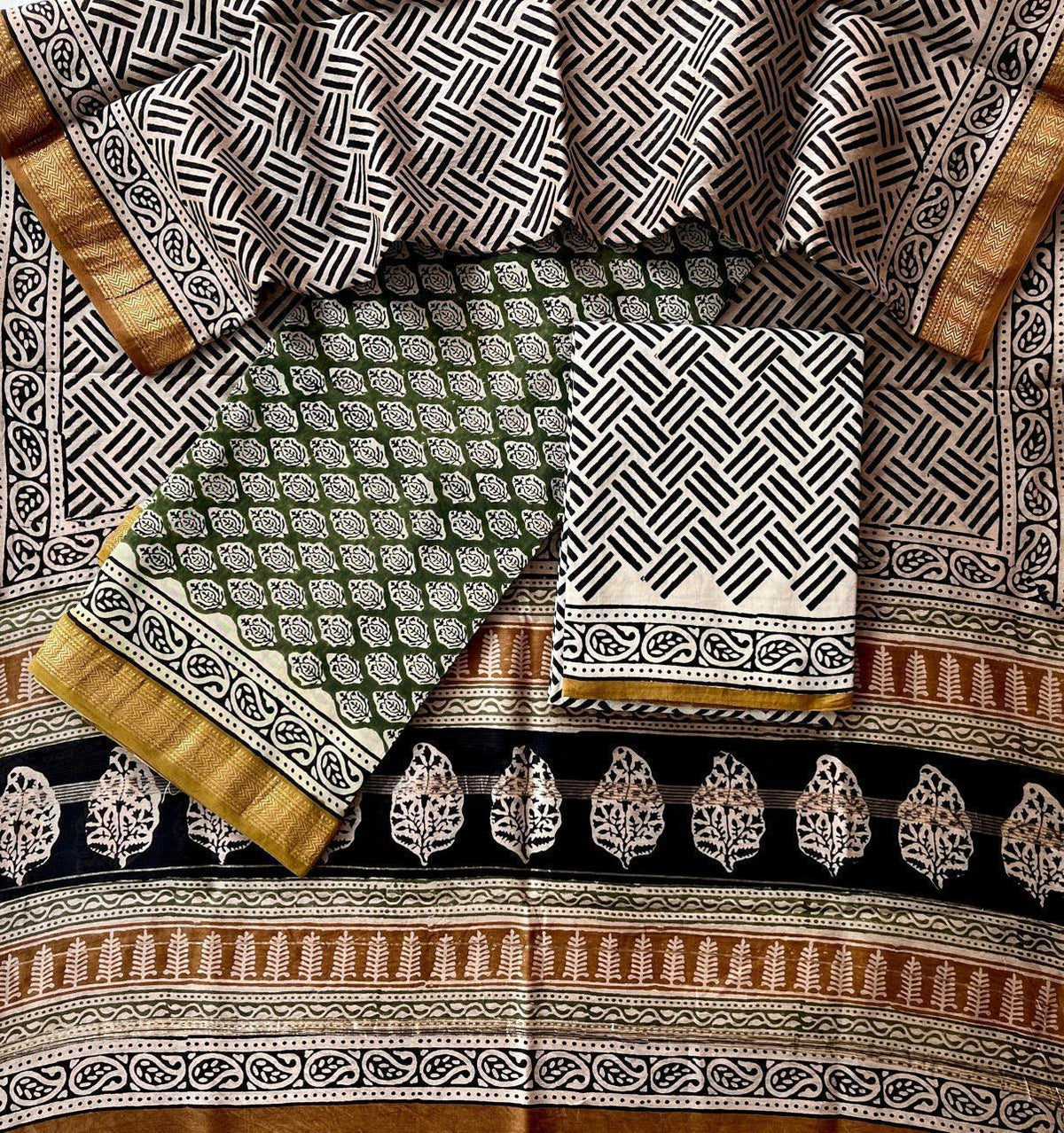 Hand Block Printed Maheshwari Silk Suit Set