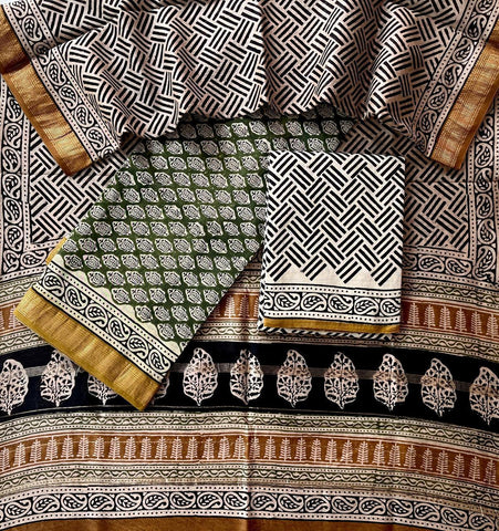 Hand Block Printed Maheshwari Silk Suit Set