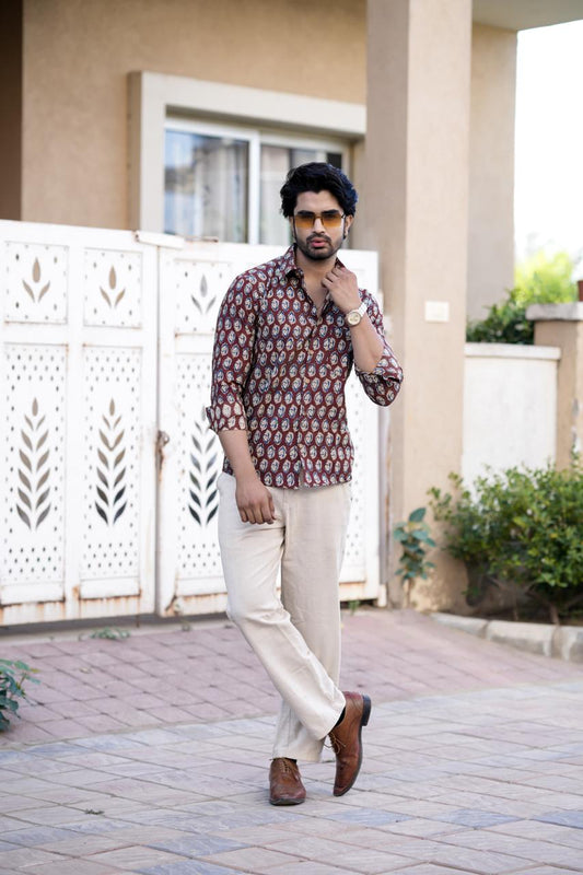 Classic Floral Hand Block Plus Size Full Sleeve Shirt