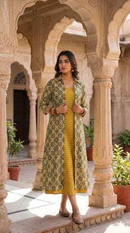 Designer Bagru Hand Block Printed Midi Dress With Shrug