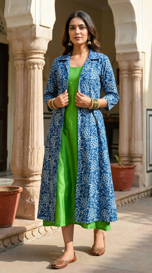 Designer Bagru Hand Block Printed Midi Dress With Shrug