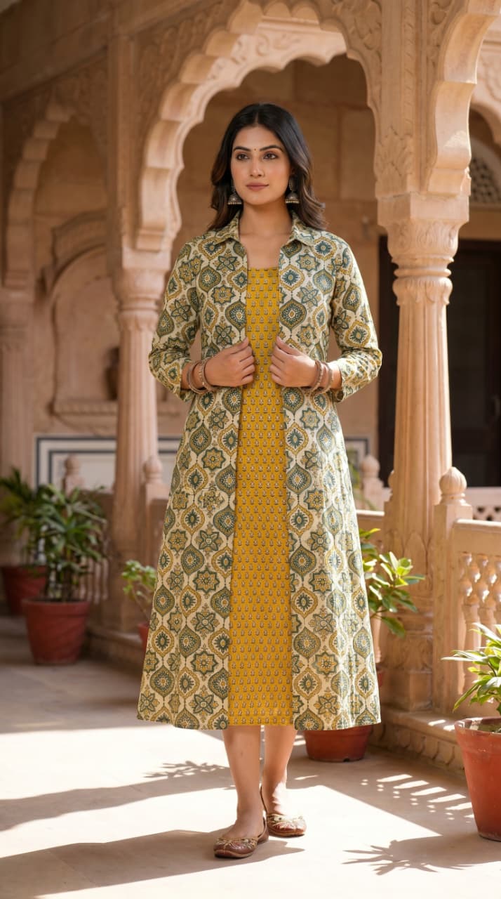 Designer Bagru Hand Block Printed Midi Dress With Shrug
