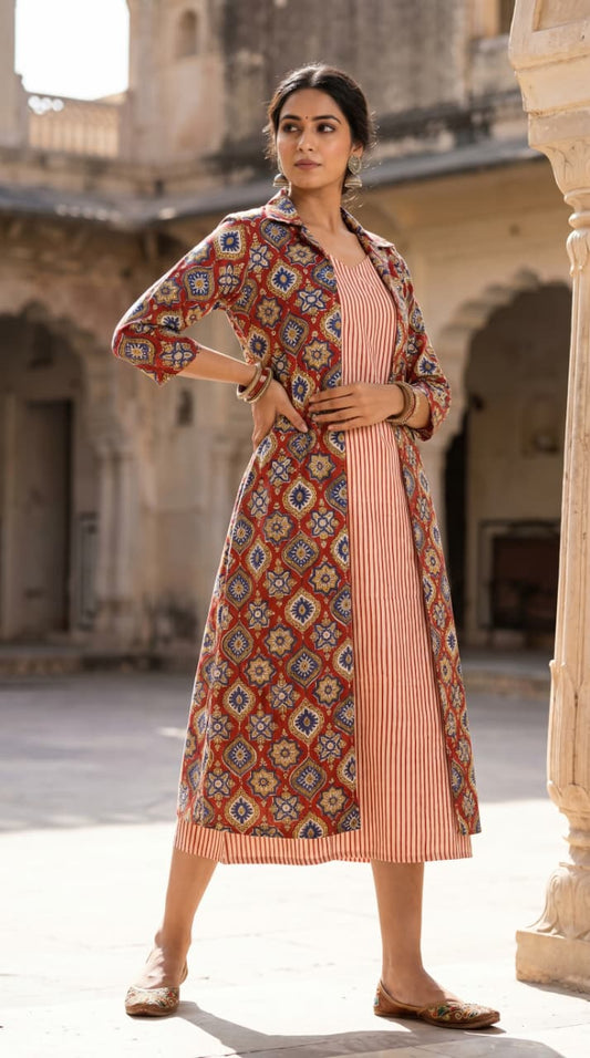 Designer Bagru Hand Block Printed Midi Dress With Shrug