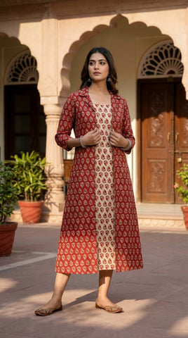 Designer Bagru Hand Block Printed Midi Dress With Shrug