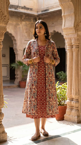 Designer Bagru Hand Block Printed Midi Dress With Shrug