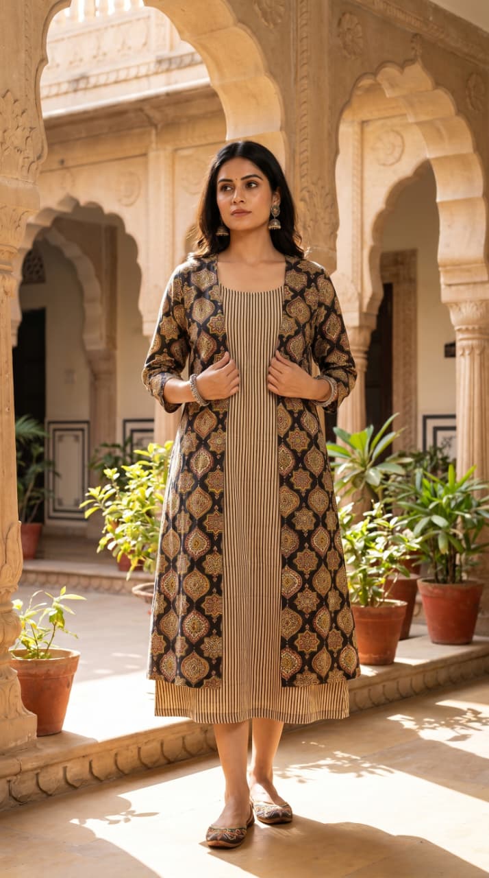 Designer Bagru Hand Block Printed Midi Dress With Shrug