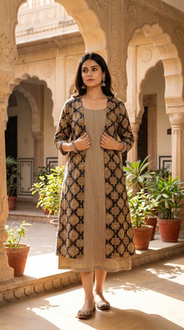 Designer Bagru Hand Block Printed Midi Dress With Shrug