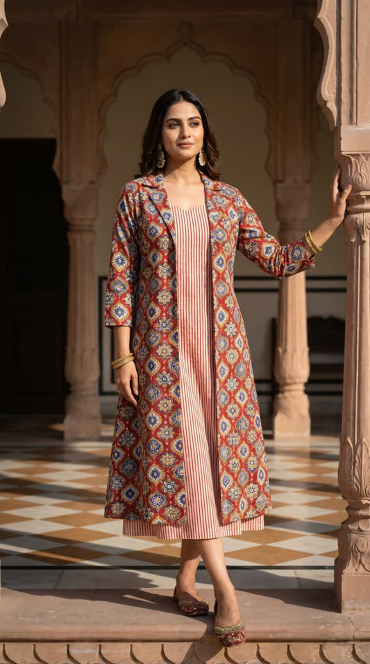 Designer Bagru Hand Block Printed Midi Dress With Shrug