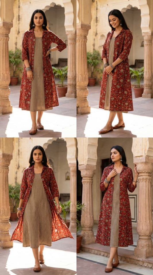 Designer Bagru Hand Block Printed Midi Dress With Shrug
