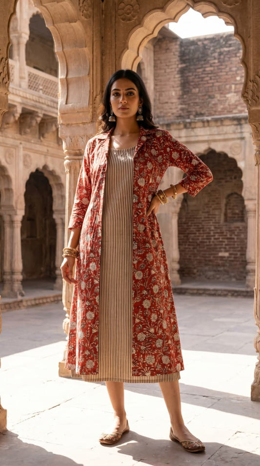 Designer Bagru Hand Block Printed Midi Dress With Shrug