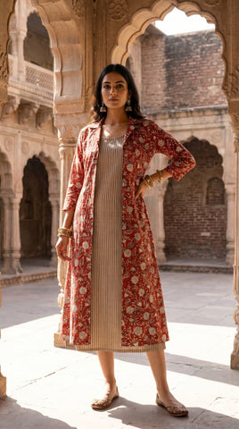 Designer Bagru Hand Block Printed Midi Dress With Shrug