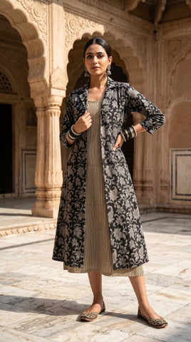 Designer Bagru Hand Block Printed Midi Dress With Shrug