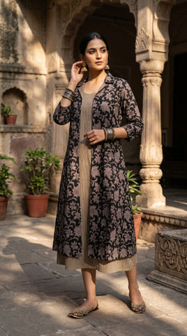 Designer Bagru Hand Block Printed Midi Dress With Shrug