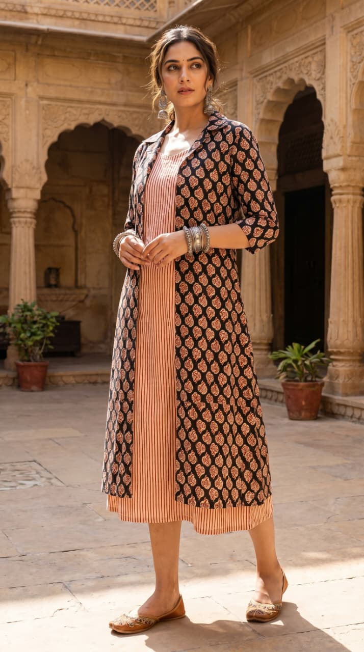 Designer Bagru Hand Block Printed Midi Dress With Shrug