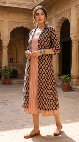 Designer Bagru Hand Block Printed Midi Dress With Shrug