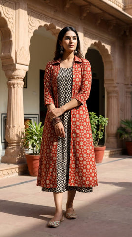 Designer Bagru Hand Block Printed Midi Dress With Shrug