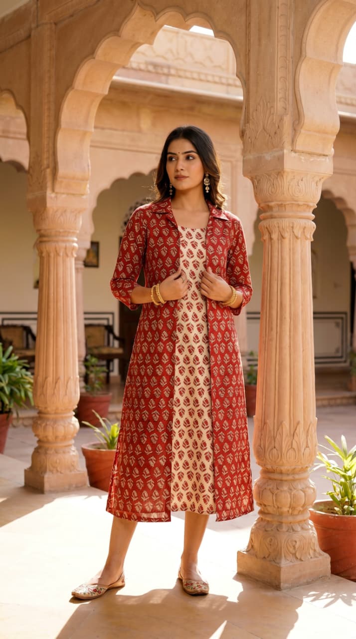 Designer Bagru Hand Block Printed Midi Dress With Shrug
