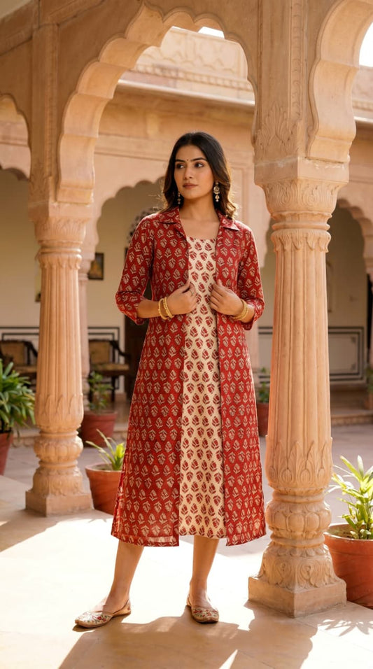Designer Bagru Hand Block Printed Midi Dress With Shrug