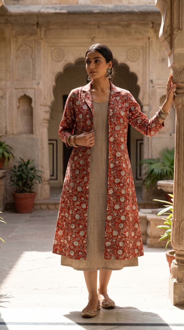 Designer Bagru Hand Block Printed Midi Dress With Shrug