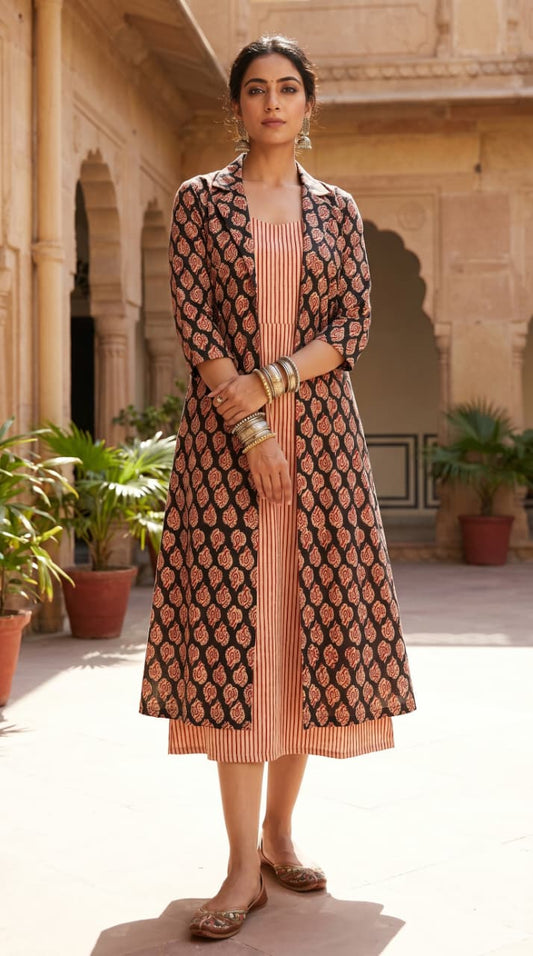 Designer Bagru Hand Block Printed Midi Dress With Shrug