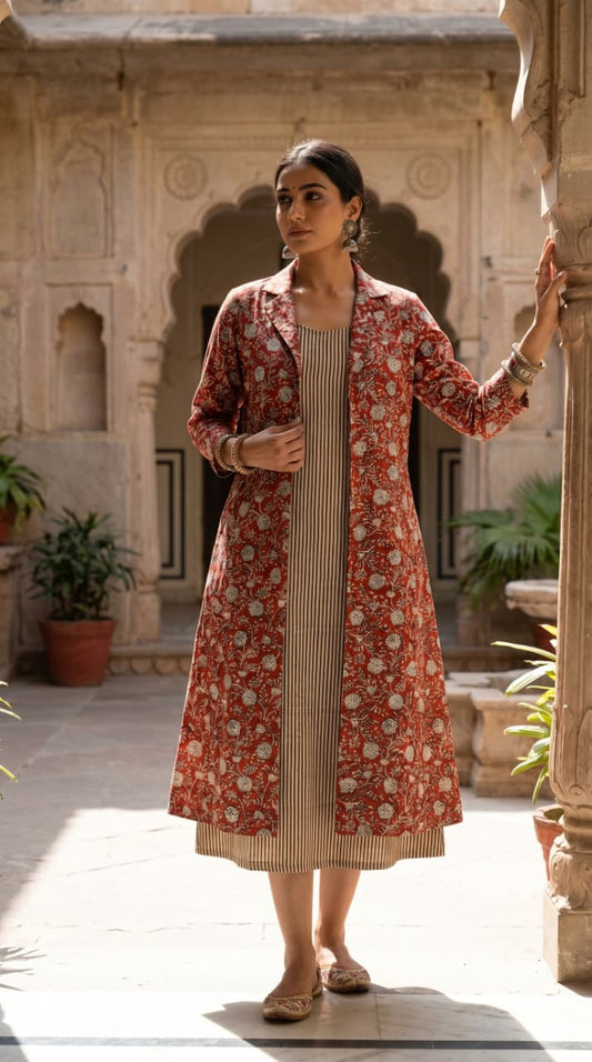 Designer Bagru Hand Block Printed Midi Dress With Shrug