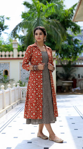 Designer Bagru Hand Block Printed Midi Dress With Shrug
