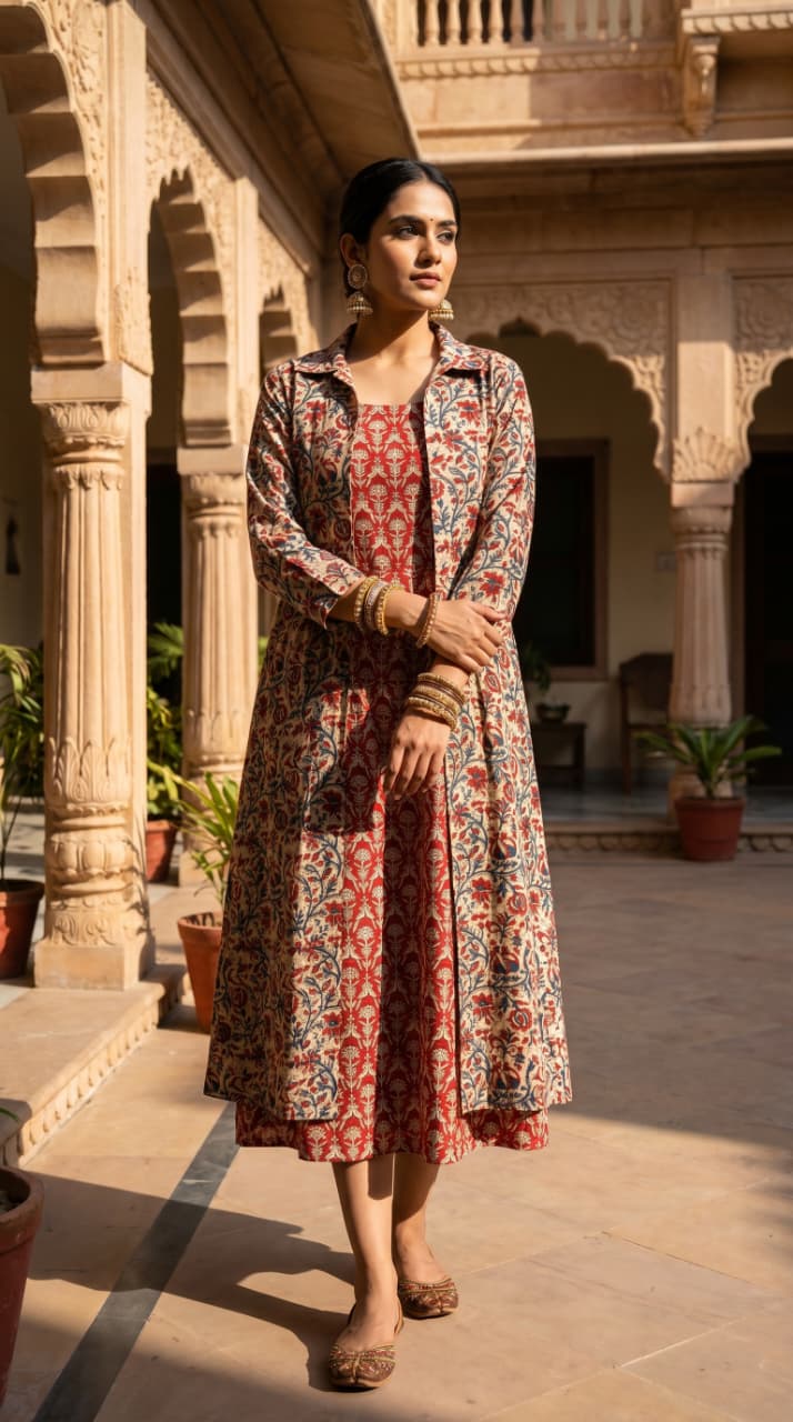 Designer Bagru Hand Block Printed Midi Dress With Shrug