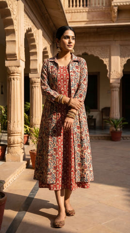 Designer Bagru Hand Block Printed Midi Dress With Shrug