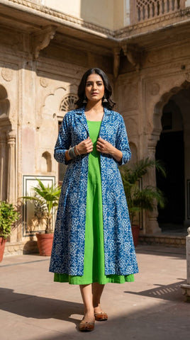 Designer Bagru Hand Block Printed Midi Dress With Shrug