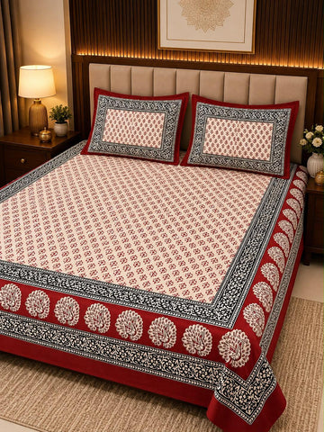 Bagru Print King Size Bedsheet with 2 Reversible pillow cover
