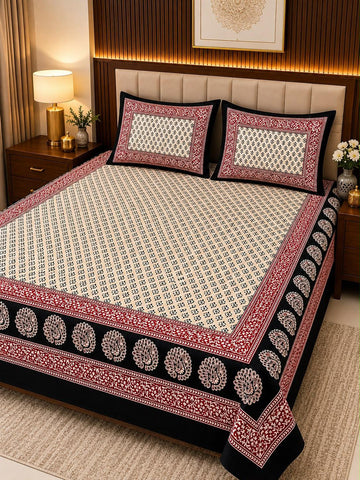 Bagru Print King Size Bedsheet with 2 Reversible pillow cover
