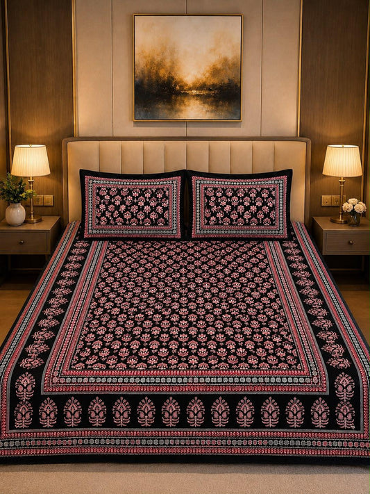 Bagru Print King Size Bedsheet with 2 Reversible pillow cover