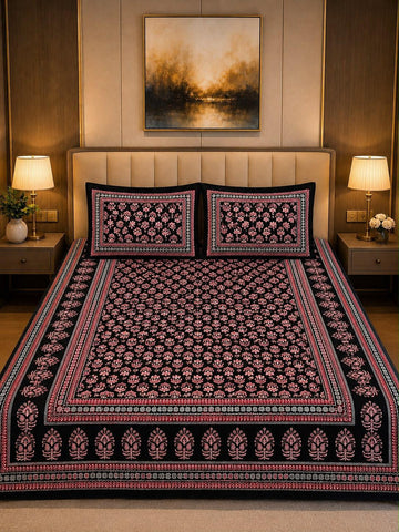 Bagru Print King Size Bedsheet with 2 Reversible pillow cover