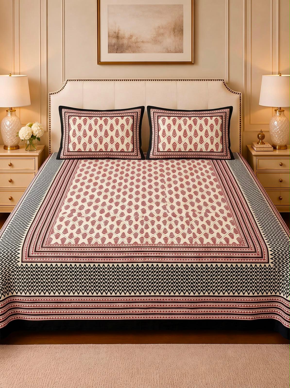 Bagru Print King Size Bedsheet with 2 Reversible pillow cover