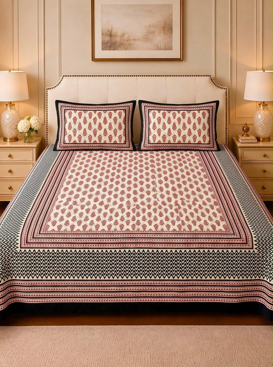 Bagru Print King Size Bedsheet with 2 Reversible pillow cover