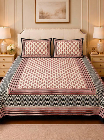 Bagru Print King Size Bedsheet with 2 Reversible pillow cover