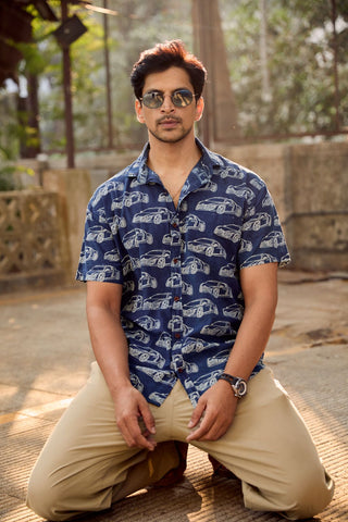 Kartikeya Jaipur Car Print Indigo Cotton Shirt