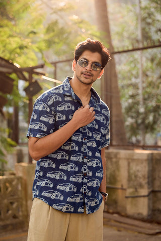 Kartikeya Jaipur Car Print Indigo Cotton Shirt