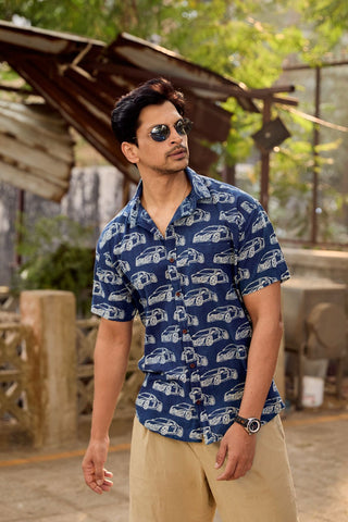 Kartikeya Jaipur Car Print Indigo Cotton Shirt