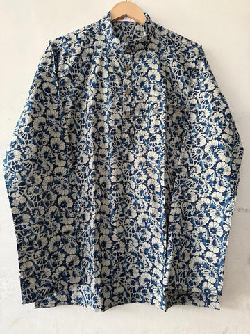 Natural Indigo Print Cotton Classic Short Kurta for Men