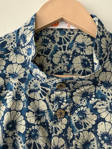 Natural Indigo Print Cotton Classic Short Kurta for Men